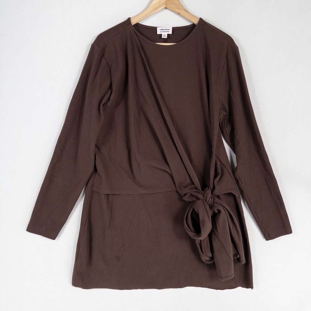 The Drop withloveleena Top Womens XL Brown Asymmetrical Tie Front Rib Knit Tunic